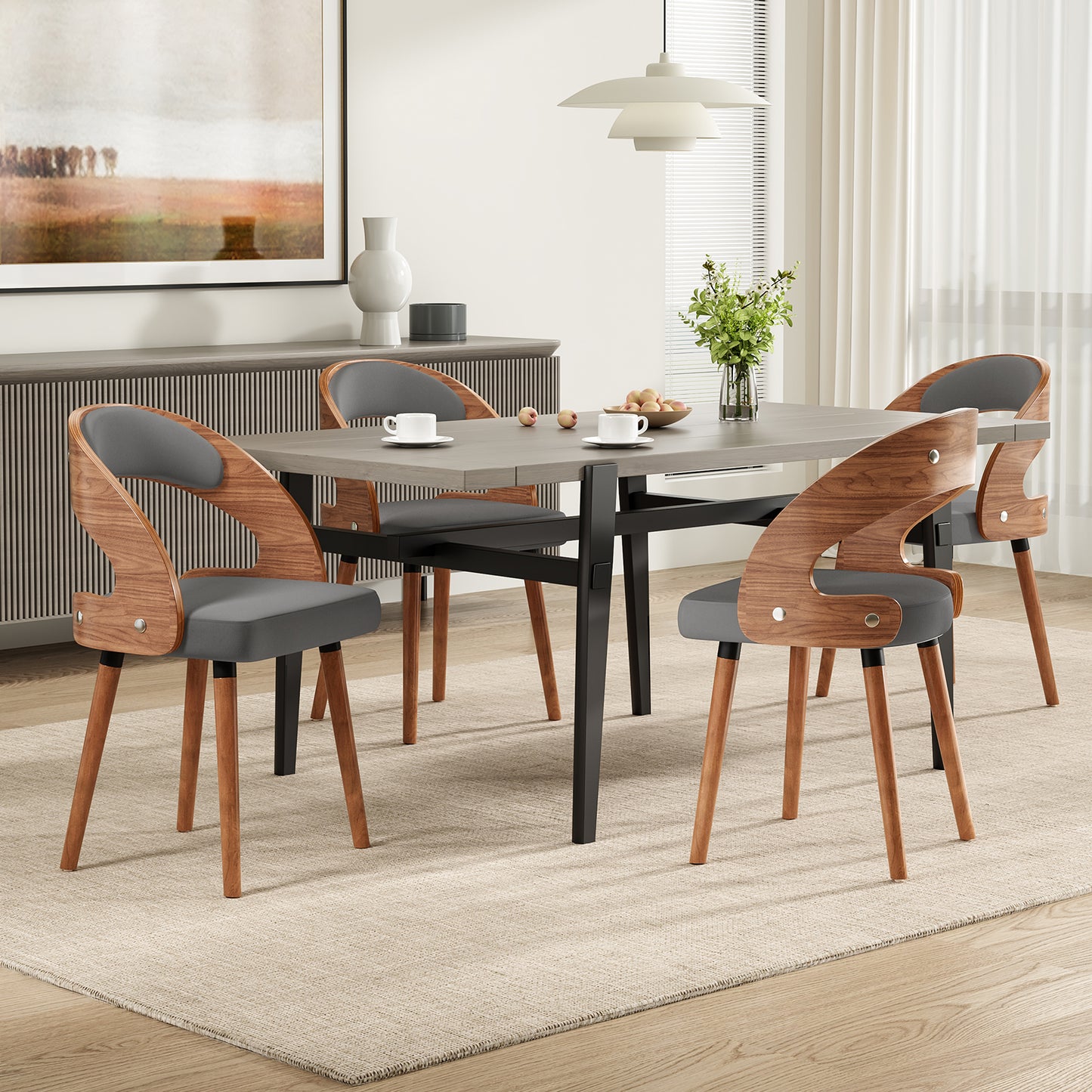 Farini Set of 4 Wood Dining Chairs with Curved Backrest for Kitchen Dining Room, Dark Gray