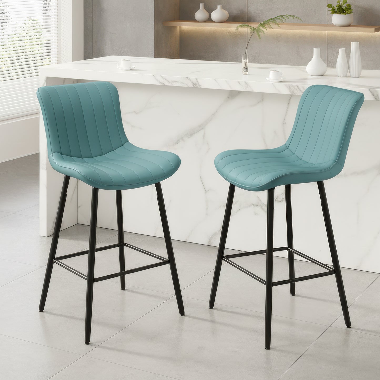 Farini 26" Counter Stools Set of 2, Faux Leather Barstools, Counter Height Chairs for Kitchen Islands & Dining Rooms, Green