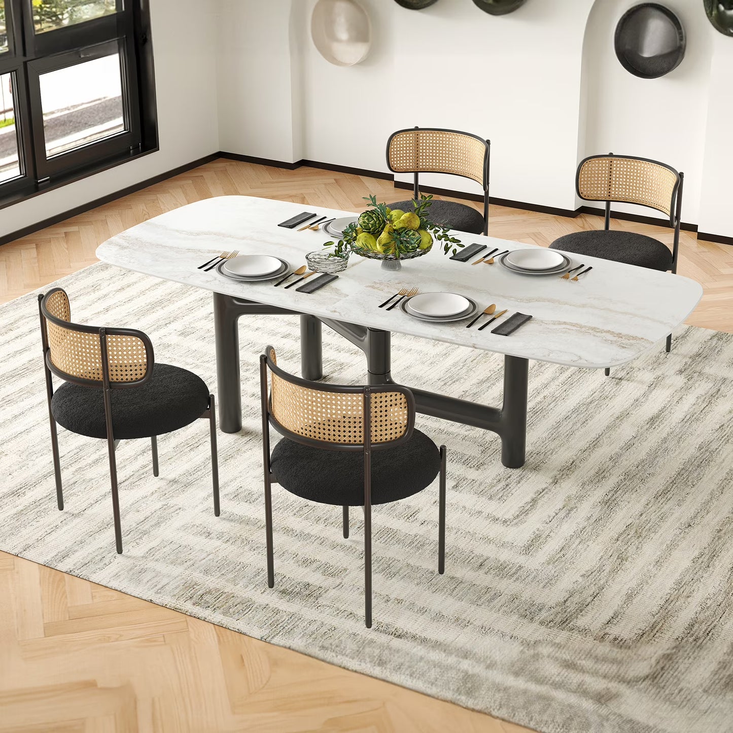Farini Upholstered Dining Chair Set of 4, Rattan Backrest Kitchen Chair, Black