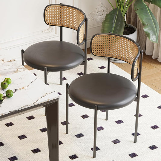 Farini Dining Chairs Set of 4, PU Leather Upholstered Seat with Woven Rattan Back, Sturdy Metal Legs Modern Side Chairs for Kitchen Living Room Restaurant