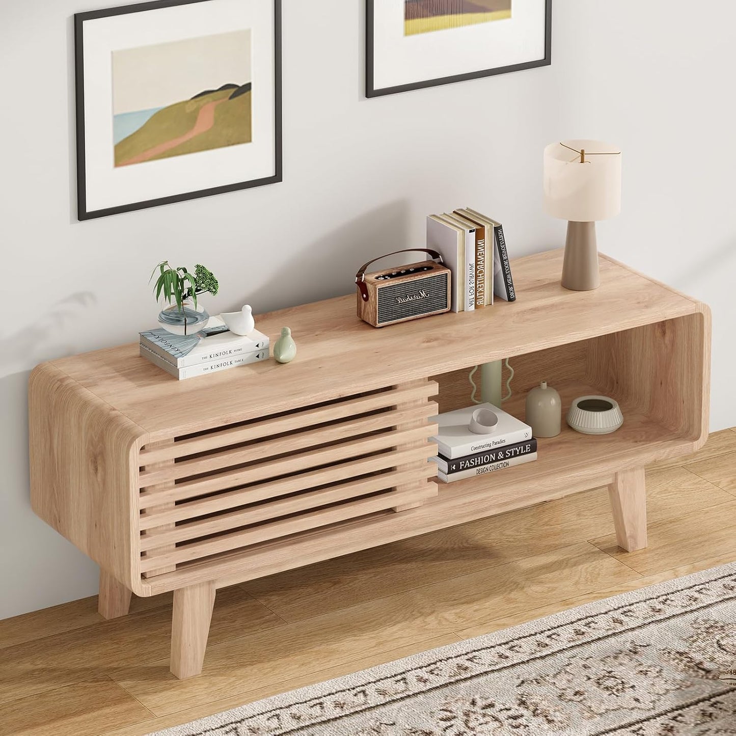 Farini TV Stand for TV Up to 59 Inch, Entertainment Center with Storage Cabinet and Sliding Door, Mid-Modern Century Console Table for Living Room, Bedroom, Nature, 46 Inch