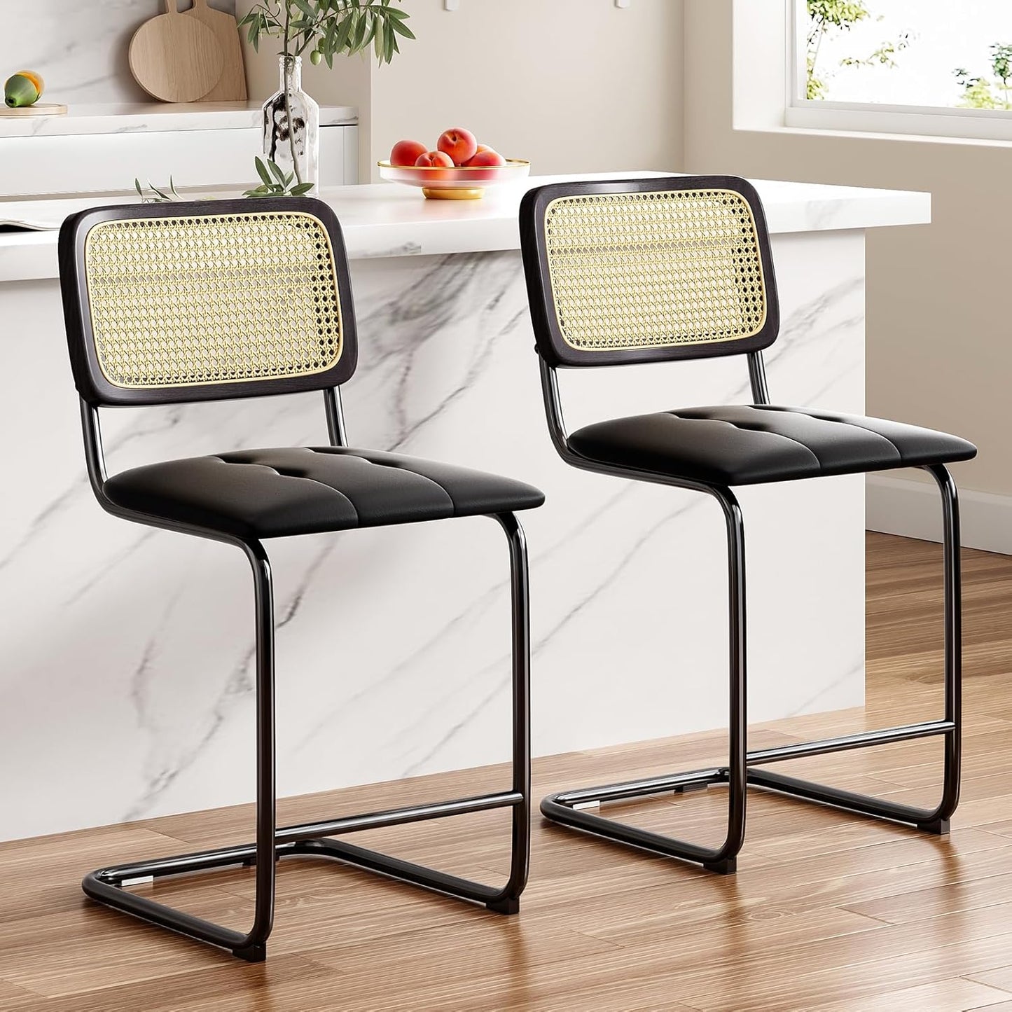 Farini Counter Height Bar Stools Set of 2, Upholstered PU Leather Barstools with Rattan Back, 24 inch Stools Armless Bar Chairs for Kitchen Island