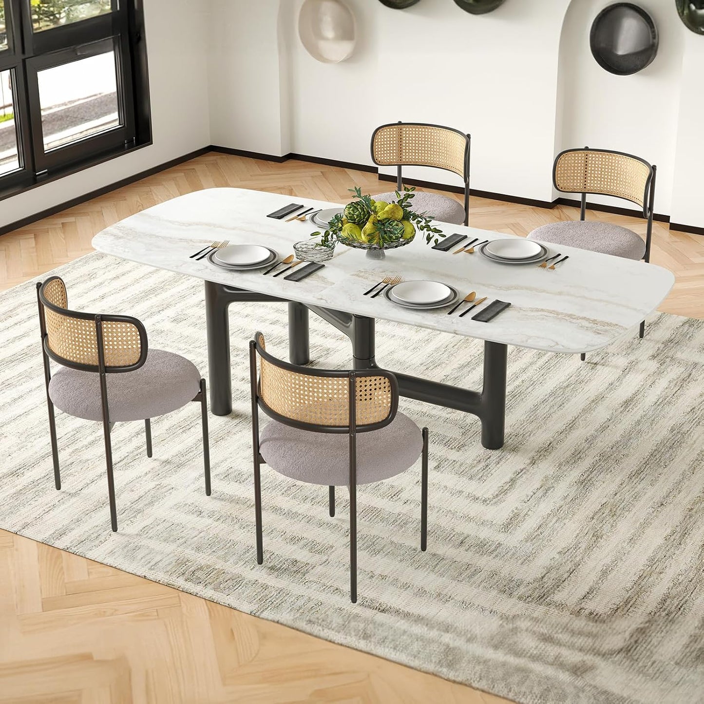 Farini Modern Upholstered Dining Chairs Set of 4,Rattan Back Dining Room Chairs,Accent Kitchen Chairs with Metal Legs,Light Gray