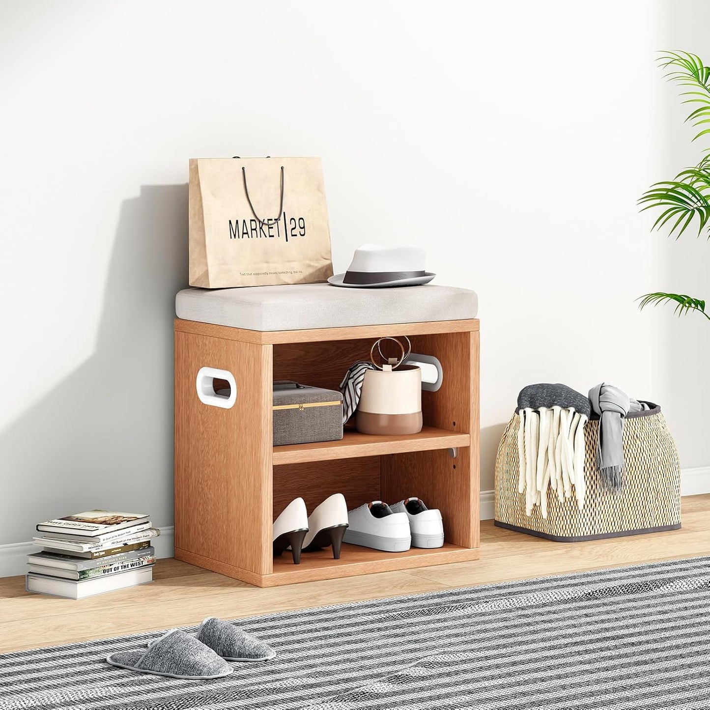 Farini Small Shoe Bench for Entryway With Cushion, Storage and Seating - White Rack With Bench Seat