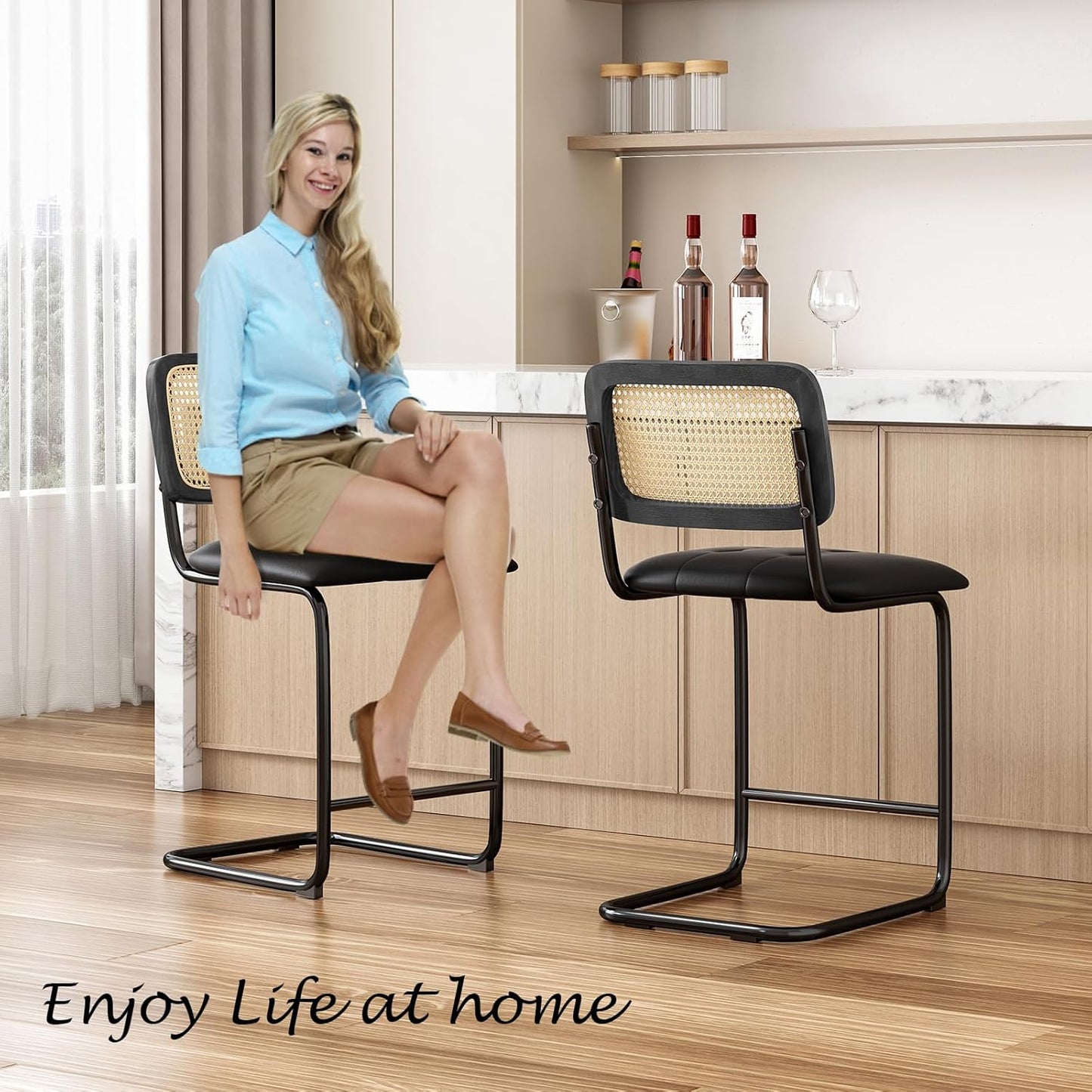 Farini Counter Height Bar Stools Set of 2, Upholstered PU Leather Barstools with Rattan Back, 24 inch Stools Armless Bar Chairs for Kitchen Island