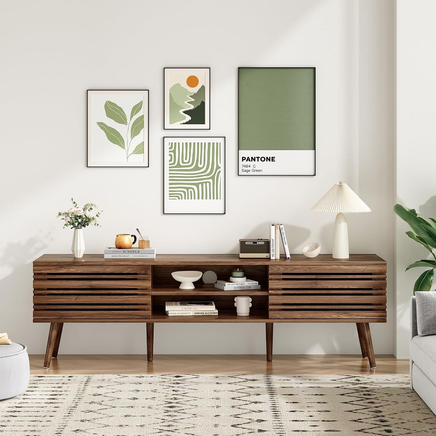 Farini Mid Century Modern TV Stands for up to 70" TV with Storage, Fluted Wood TV Stand for Living Room, Boho Media Console, Entertainment Center with Cable Management