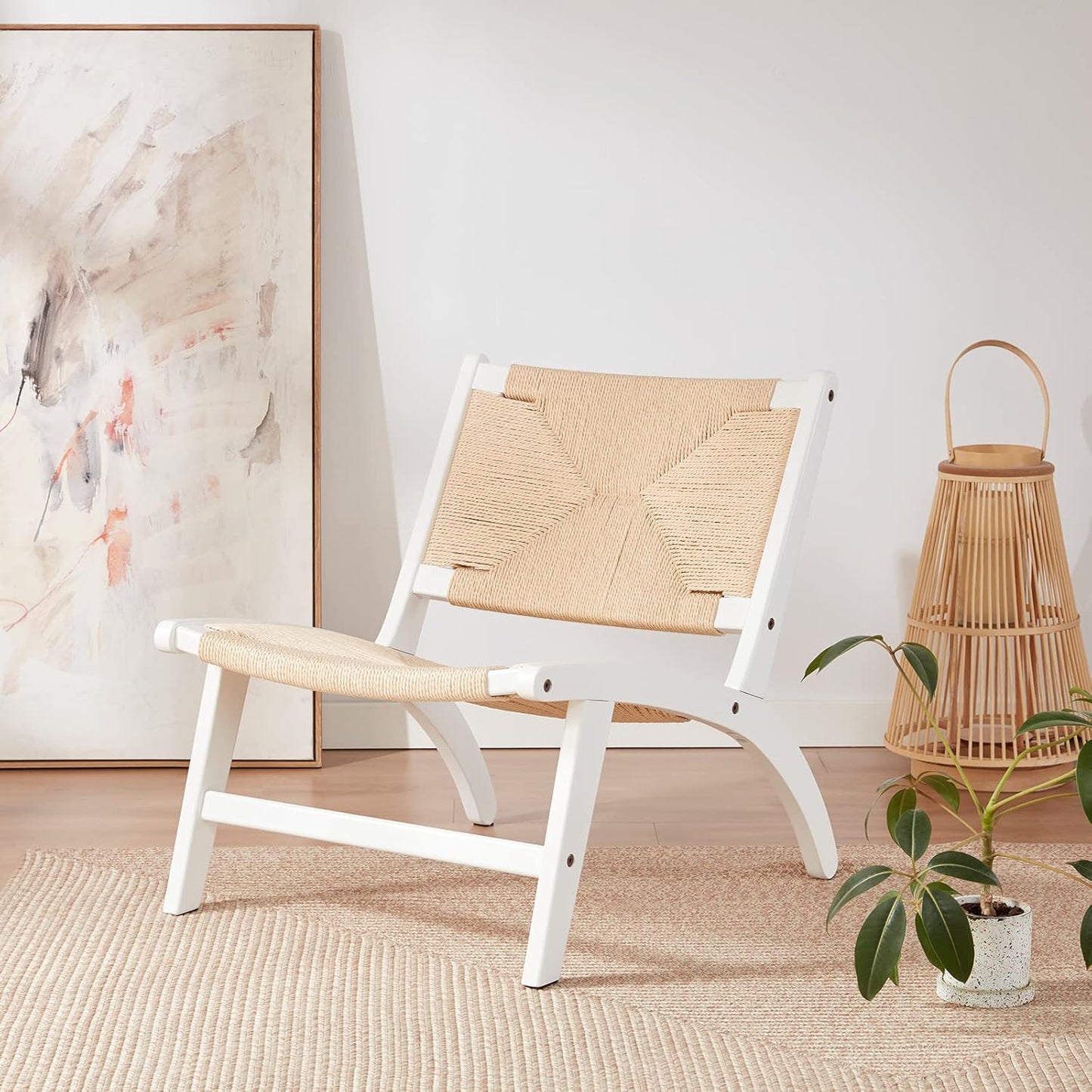 Farini Modern Boho Accent Chairs for Living Room,Mid Century Accent Chair,Side Chair Indoor Scandinavian Cognac Natural Wood Beech Braided Jute Woven Weave Paper Rope Seat
