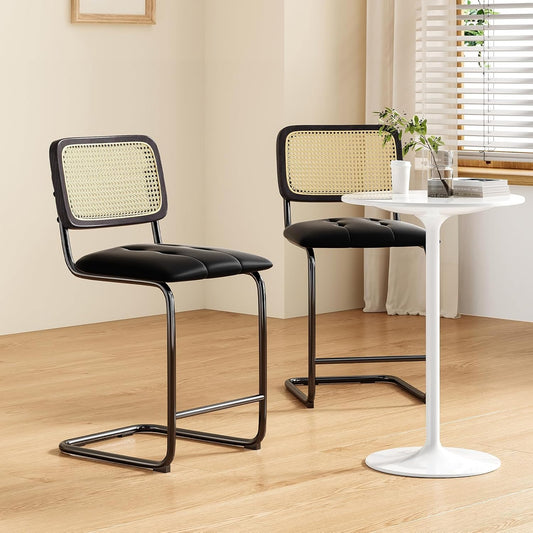 Farini Counter Height Bar Stools Set of 2, Upholstered PU Leather Barstools with Rattan Back, 24 inch Stools Armless Bar Chairs for Kitchen Island