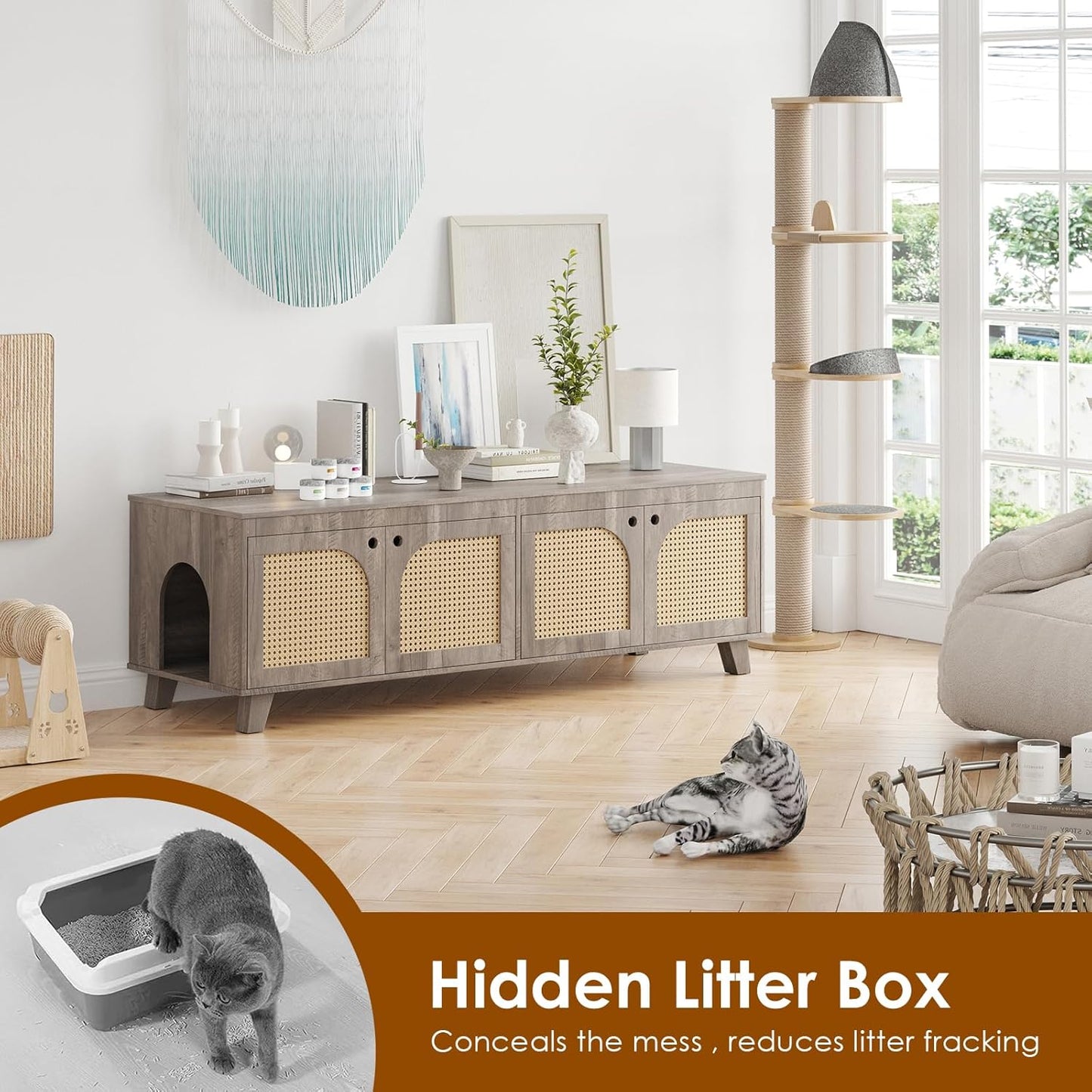 Farini Double Hidden Cat Litter Box Enclosure Furniture Cabinet with Rattan Decorated Doors for Two Cats，Two Entrances