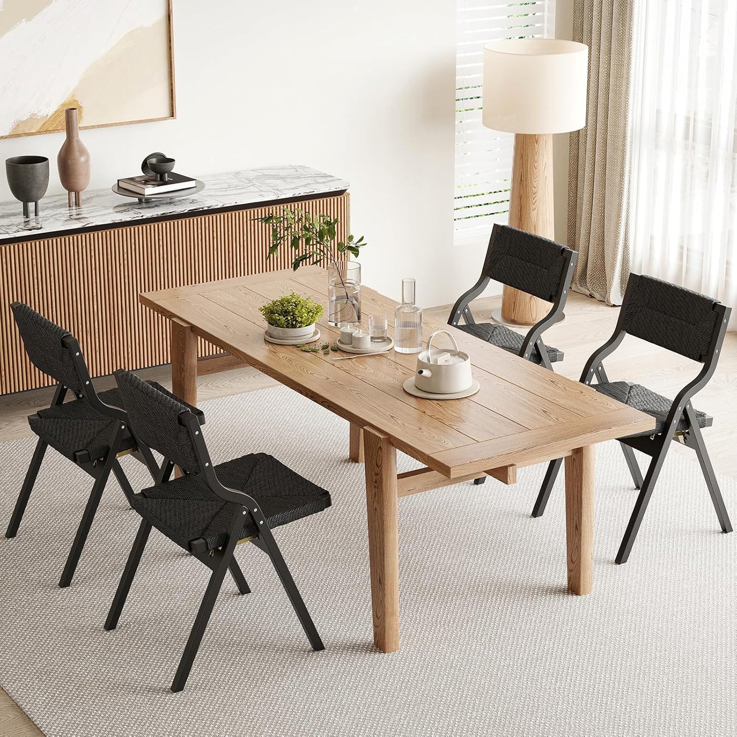 Farini Wood Folding Chairs, Foldable Chairs Wooden Indoor Stackable Dining Chairs for Kitchen & Dining Room Chair Woven Seat & Webbing Back, Dining Chair Set of 2, Woven Rope