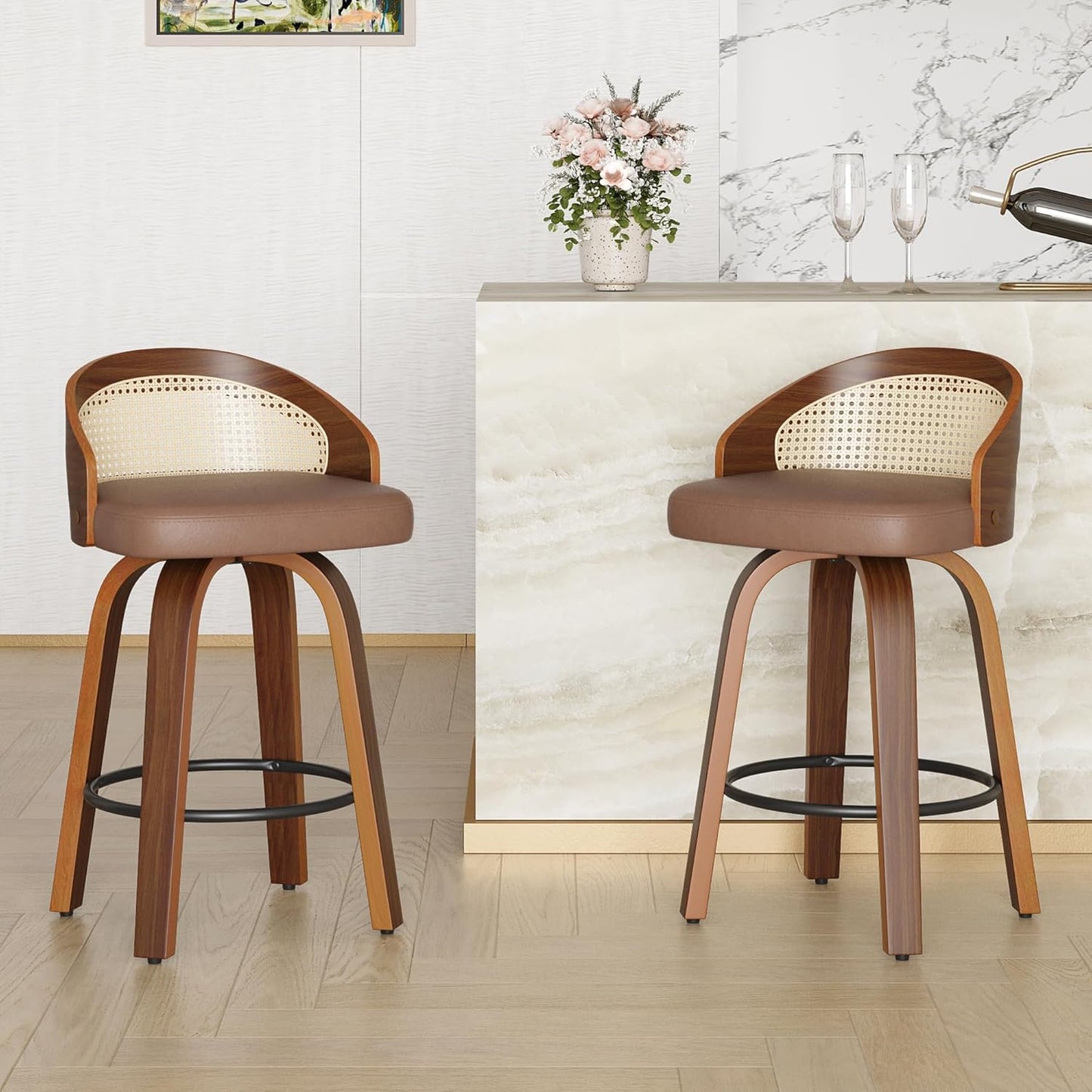 Farini Swivel Bar Stools Set of 2, Modern Wood Frame with Rattan Back, PU Leather Stool for Kitchen Counter, Mid Century Upholstered Barstools with Footrest,Industrial Counter Height Stools