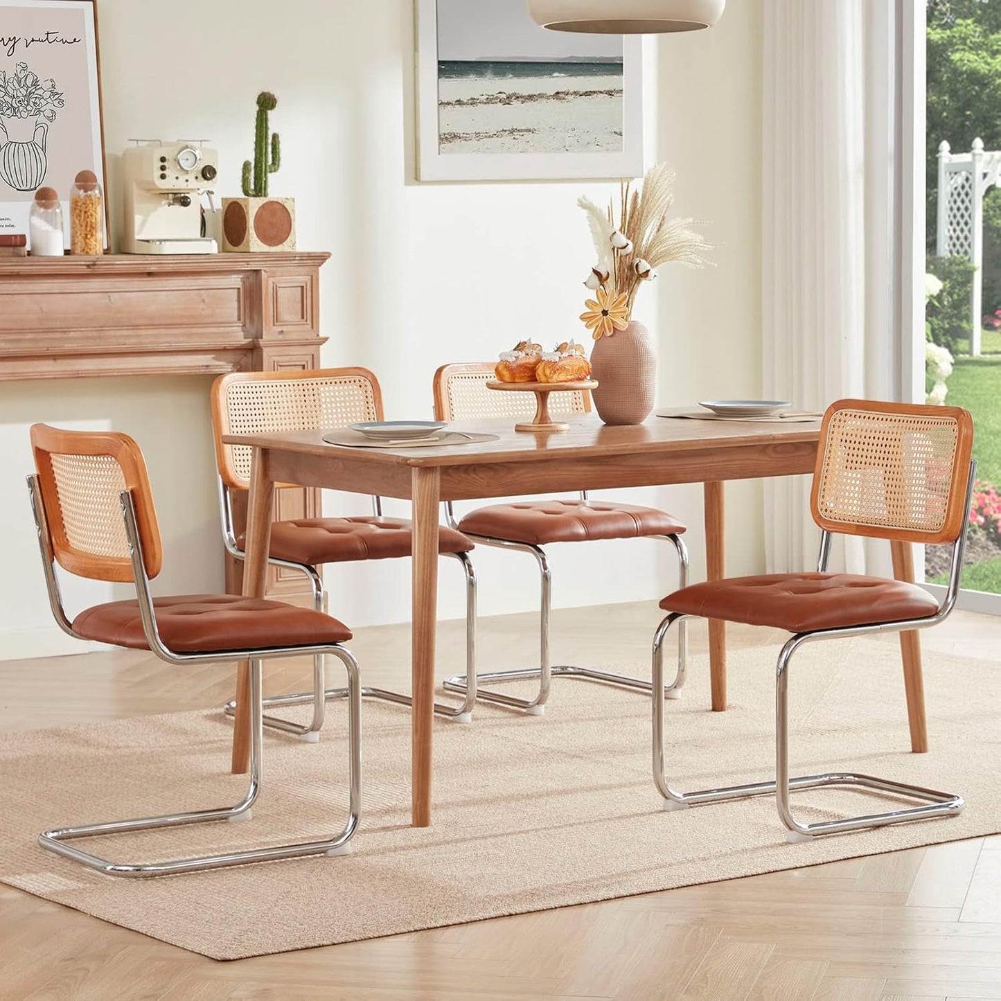 Farini Kitchen Dining Chairs Set of 2,Mid-Century Modern Chair Armless Mesh Backrest Cane Rattan Chairs for Home Dining Room(Brown,PU Leather)