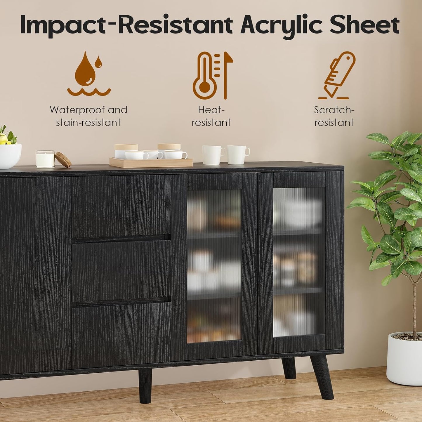 Farini Farmhouse Buffet Cabinet, 55.5" Coffee Bar with 3 Drawers and Pop-Up Doors, Large Rustic Sideboard for Dining Room, Kitchen, Hallway, and Living Room