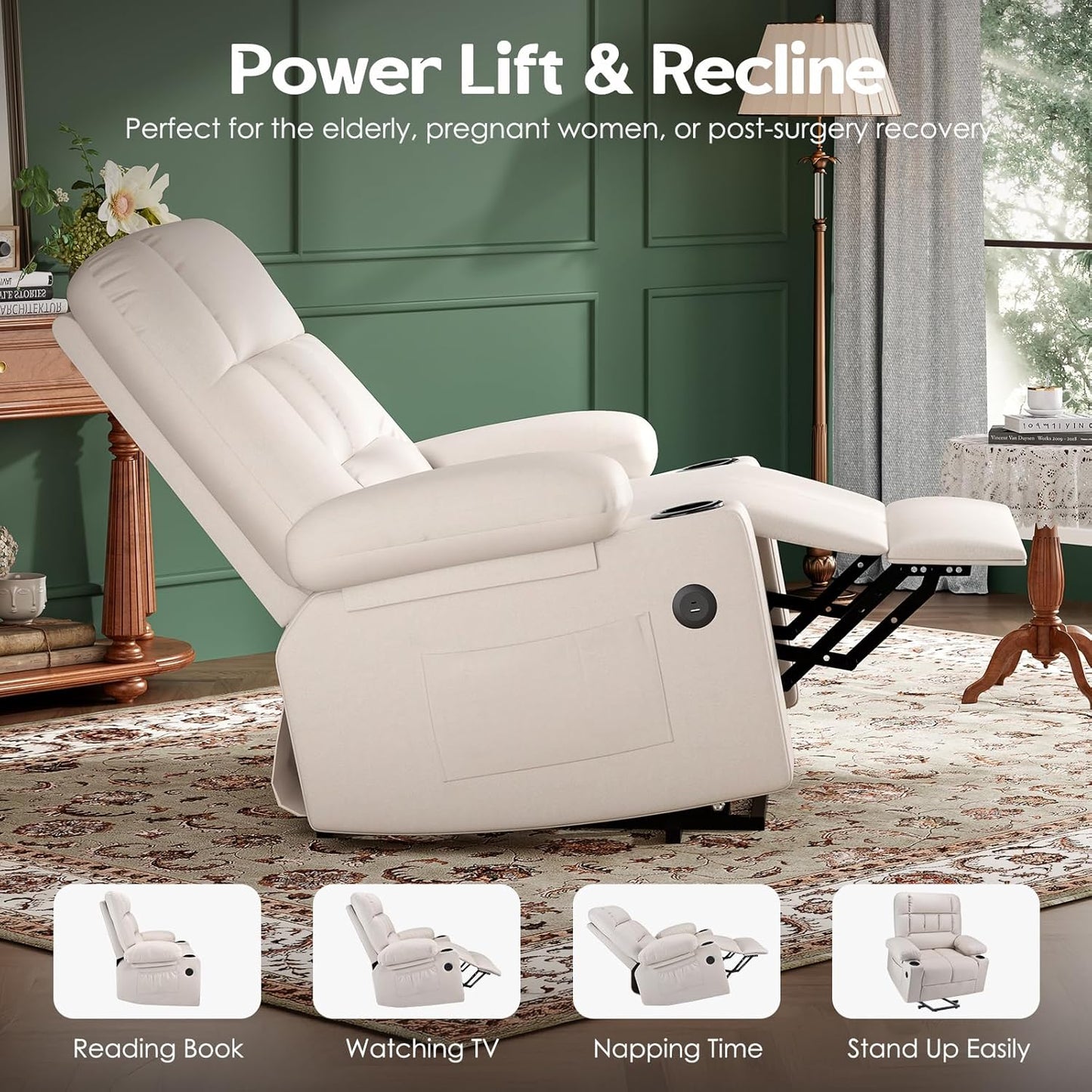 Farini Oversized Power Lift Recliner Chair with Massage and Heat for Elderly Big and Tall, Large Fabric Recliner Wide Electric Recliner Chair with USB Ports, Cup Holders, Side Pockets