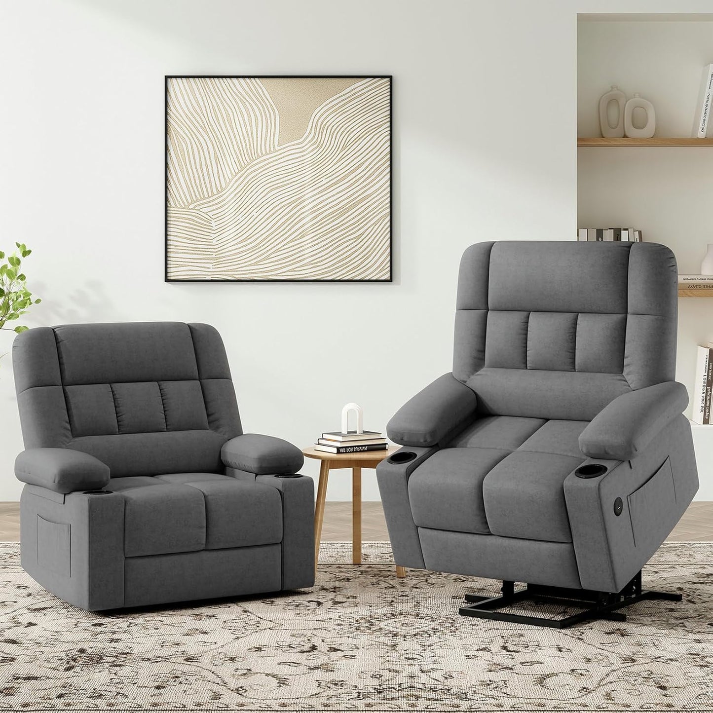 Farini Oversized Power Lift Recliner Chair with Massage and Heat for Elderly Big and Tall, Large Fabric Recliner Wide Electric Recliner Chair with USB Ports, Cup Holders, Side Pockets