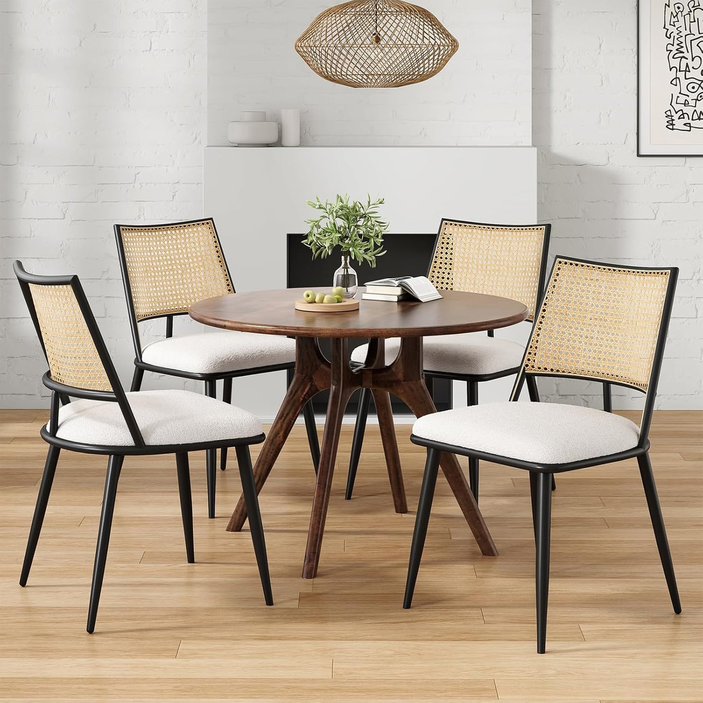 Farini Dining Chairs Set of 2 or 4, Mid-Century Modern Kitchen Chairs with Rattan Backrest & Metal Frame, Boucle Upholstered Accent Chairs for Dining Room, Kitchen, Living Room