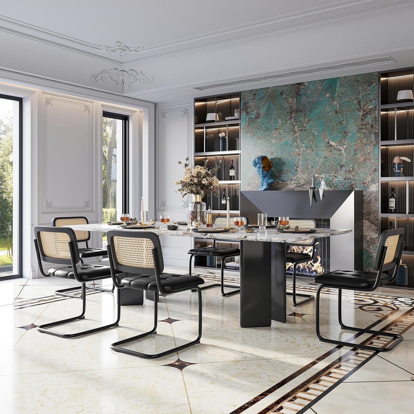 Farini Dining Chairs Set of 2, Mid-Century Modern Kitchen Chairs with Rattan Backrest & Velvet Upholstery
