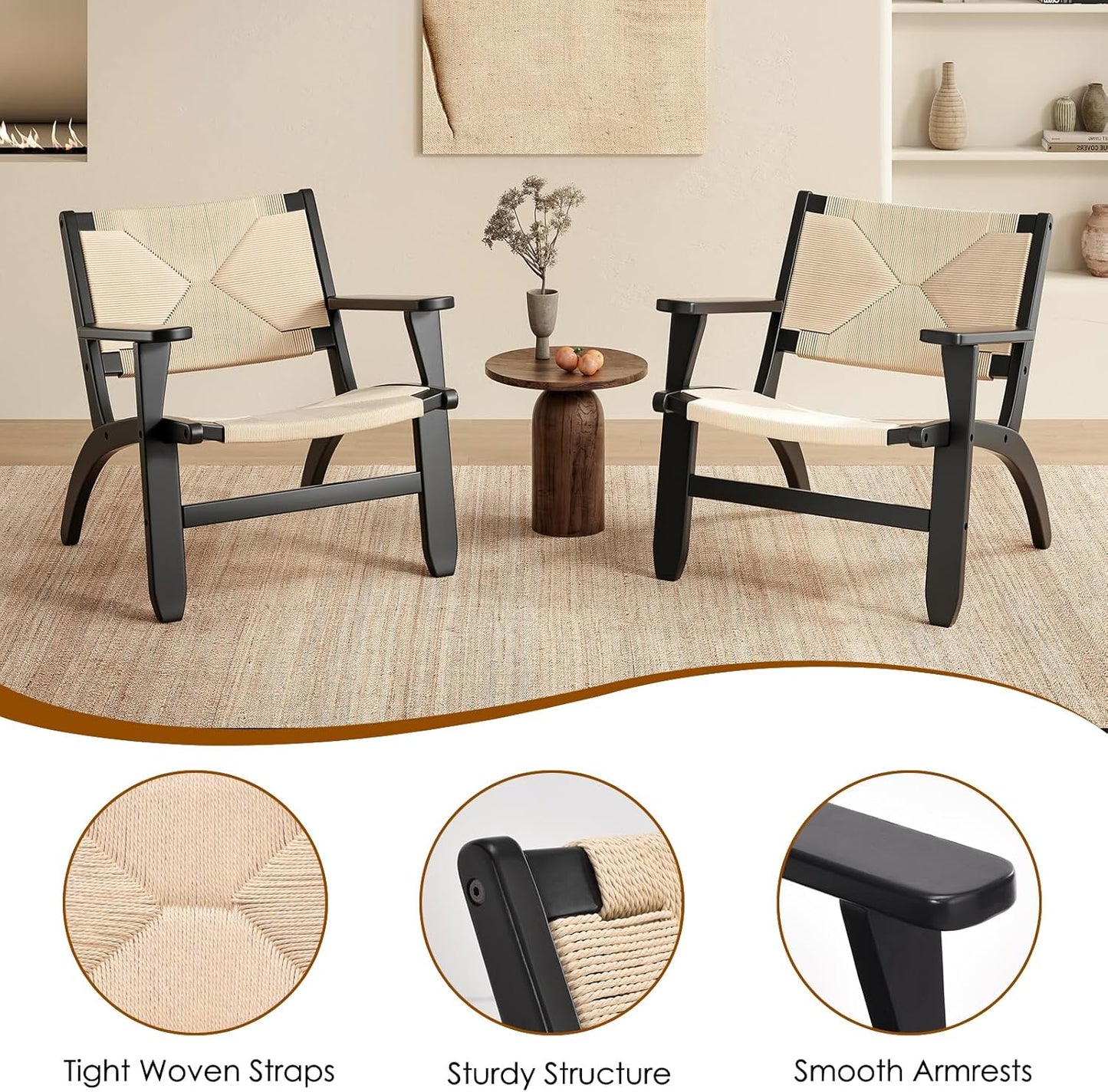 Farini Rubberwood Accent Chair for Living Room,Indoor Mid Century Woven Accent Chair with Arms,Bedroom Side Boho Chair with Kraft Paper Rope