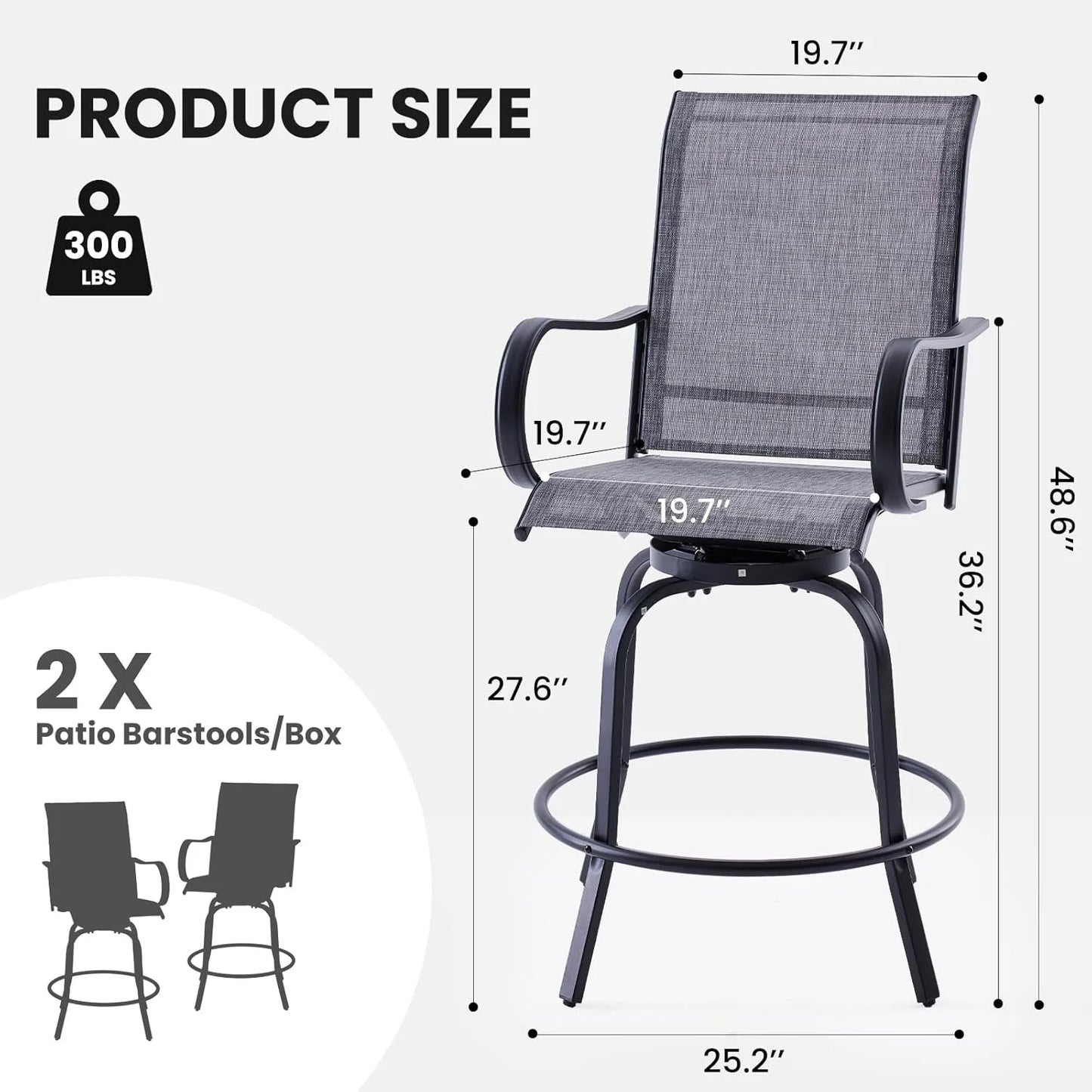 Farini Outdoor Bar Stools Set, 360°Swivel Patio Barstools with Textile Fabric,Ergonomic Comfort Bar Height Tall Outdoor Stools for Balcony