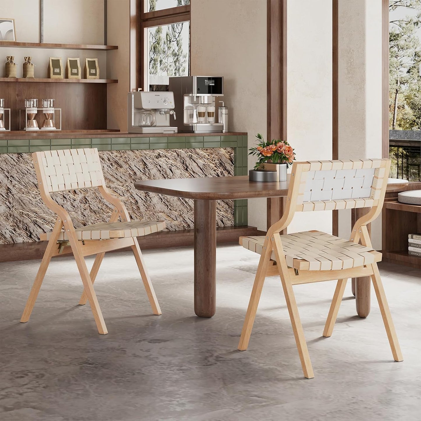 Farini Wood Folding Chairs, Foldable Chairs Wooden Indoor Stackable Dining Chairs for Kitchen & Dining Room Chair Woven Seat & Webbing Back, Dining Chair Set of 2, PU Leather