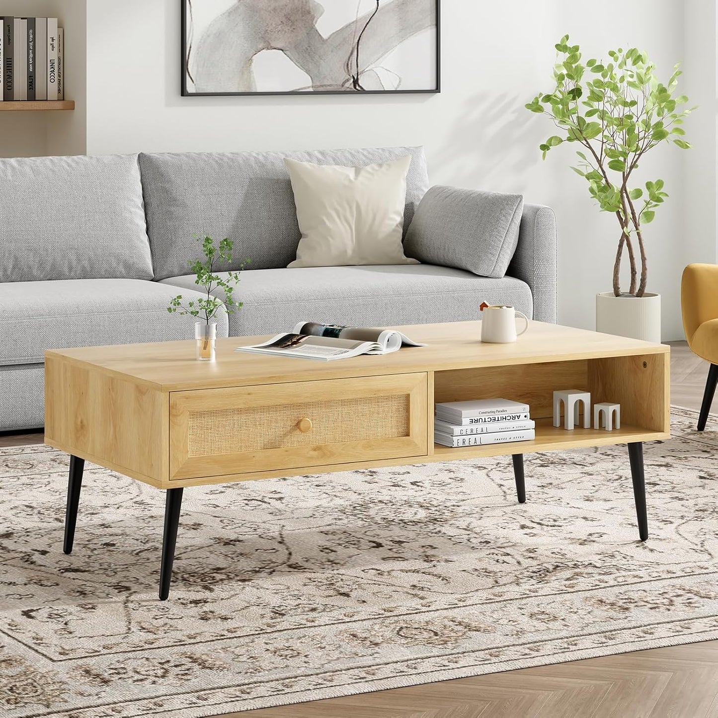Farini 47" Modern Coffee Table, Rectangle Living Room Table with Drawer & Open Shelf for Living Room, Office