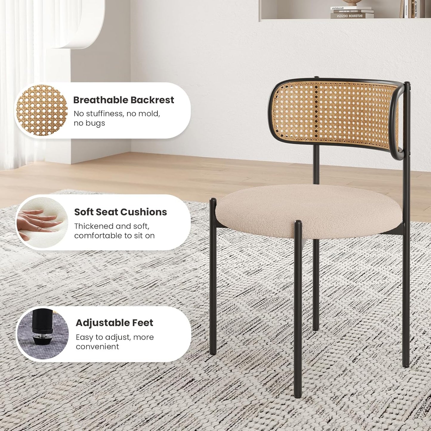 Farini Modern Upholstered Dining Chairs, Set of 4, Rattan Back Kitchen Chairs with Metal Legs, Light Brown