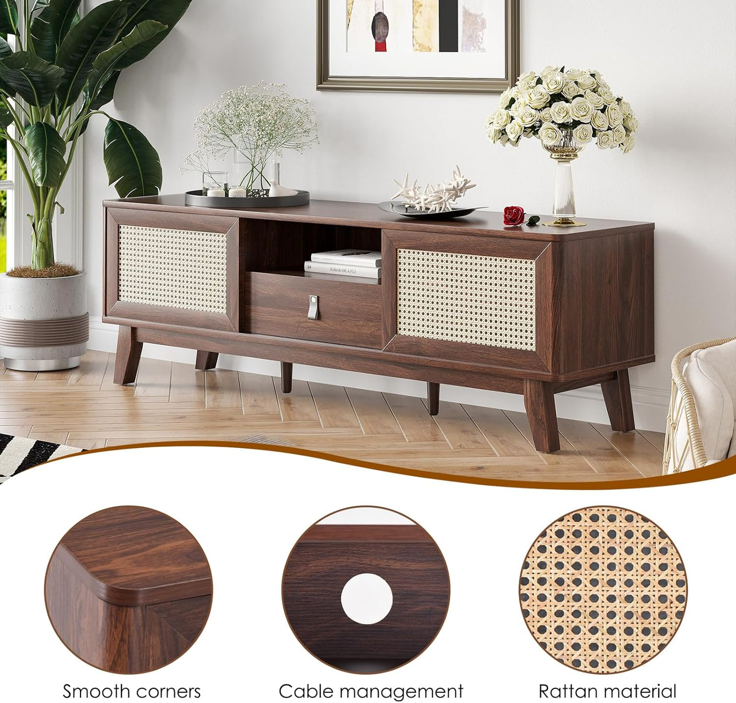 Farini Rattan TV Stand for TVs, Wood TV Stand Mid Century Modern TV Stand TV Media Console with Drawer and 2 Cabinets, Boho Entertainment Center for Living Room