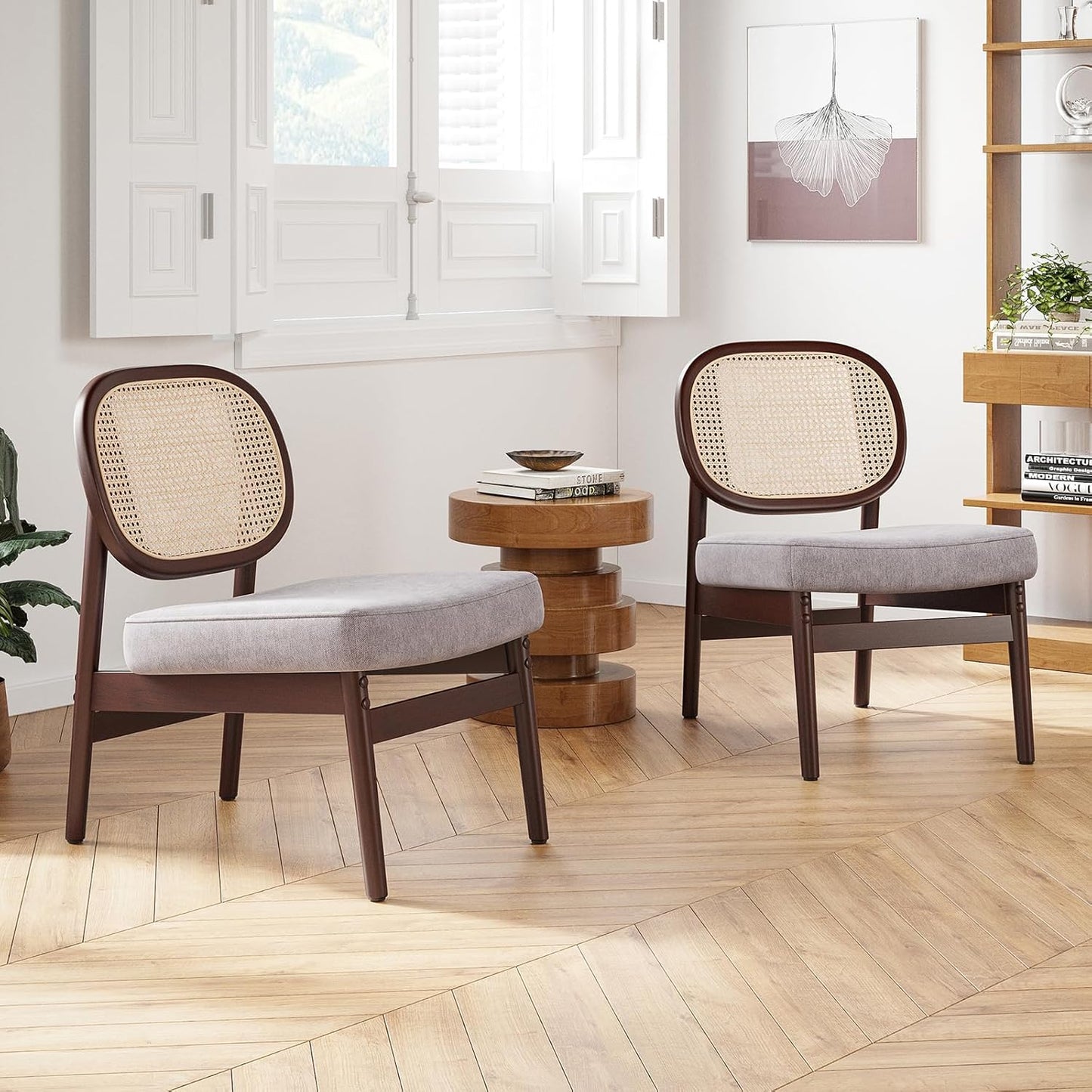 Farini Rattan Accent Chair, Upholstered Living Room Chair with Rattan Back & Wood Frame, Mid-Century Modern Reading Chair for Living Room, Bedroom