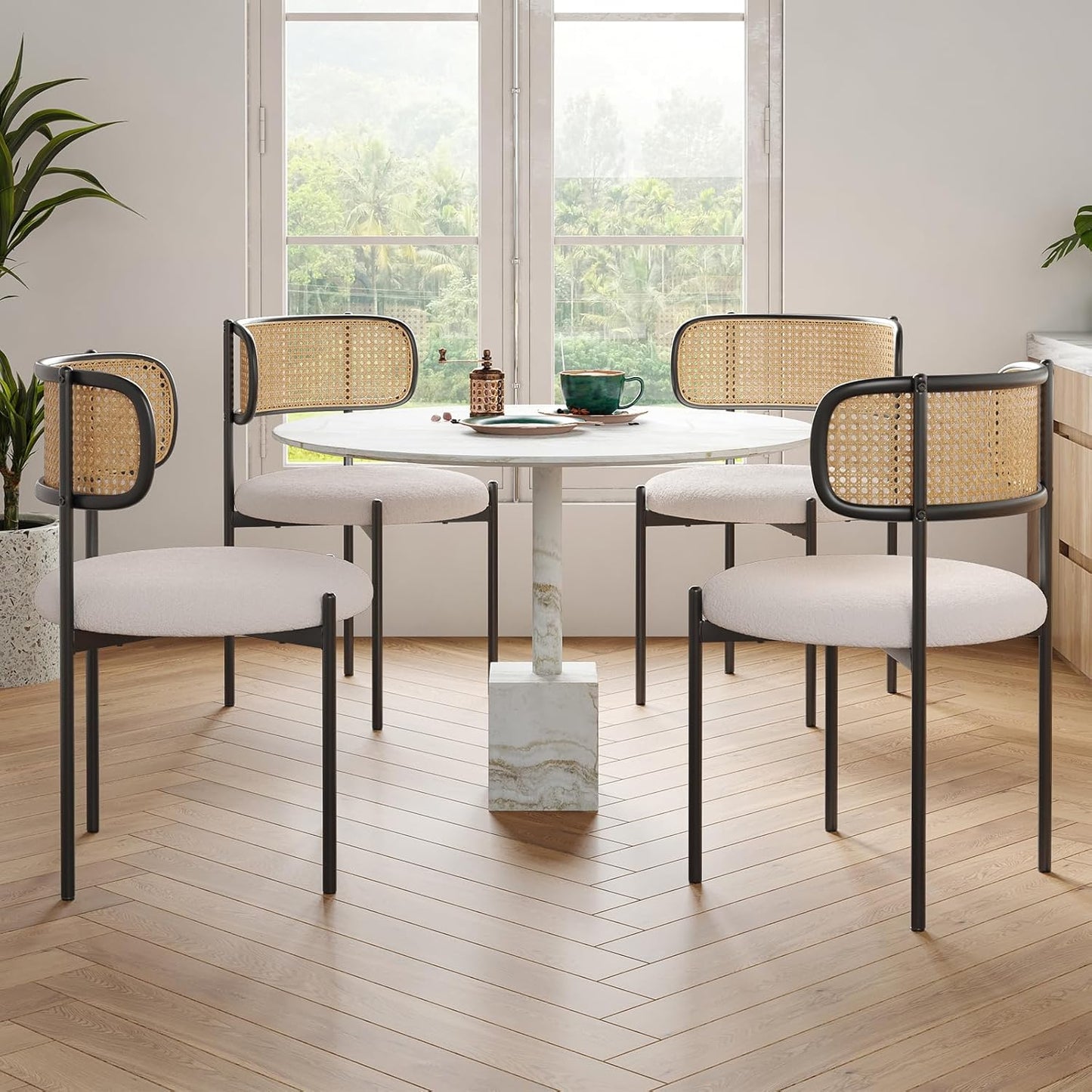 Farini Modern Upholstered Dining Chairs, Set of 4, Rattan Back Kitchen Chairs with Metal Legs, Beige