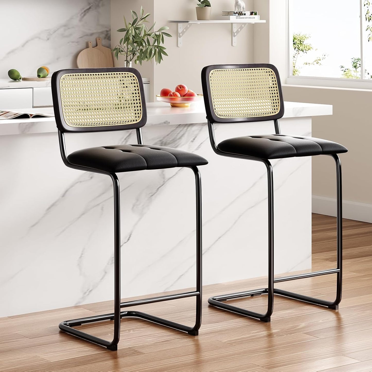 Farini Counter Height Bar Stools Set of 2, Upholstered PU Leather Barstools with Rattan Back, 24 inch Stools Armless Bar Chairs for Kitchen Island