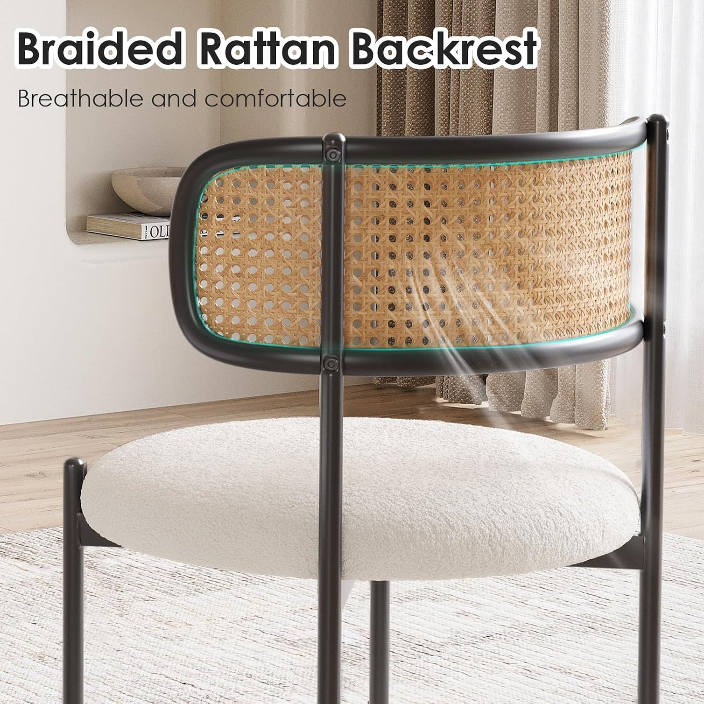 Farini Upholstered Dining Chair Set of 4, Rattan Backrest Kitchen Chair
