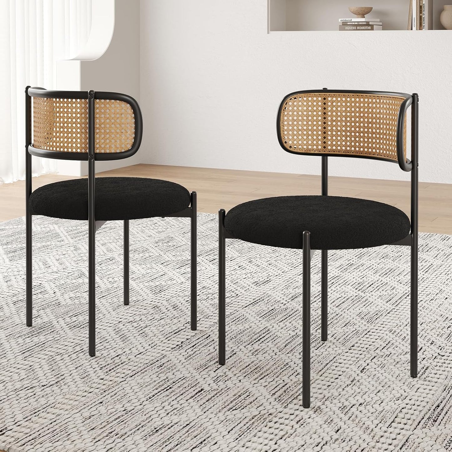 Farini Modern Upholstered Dining Chairs Set of 2,Rattan Back Dining Room Chairs,Accent Kitchen Chairs with Metal Legs,Black