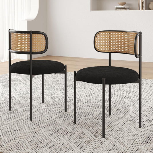 Farini Modern Upholstered Dining Chairs Set of 2,Rattan Back Dining Room Chairs,Accent Kitchen Chairs with Metal Legs,Black