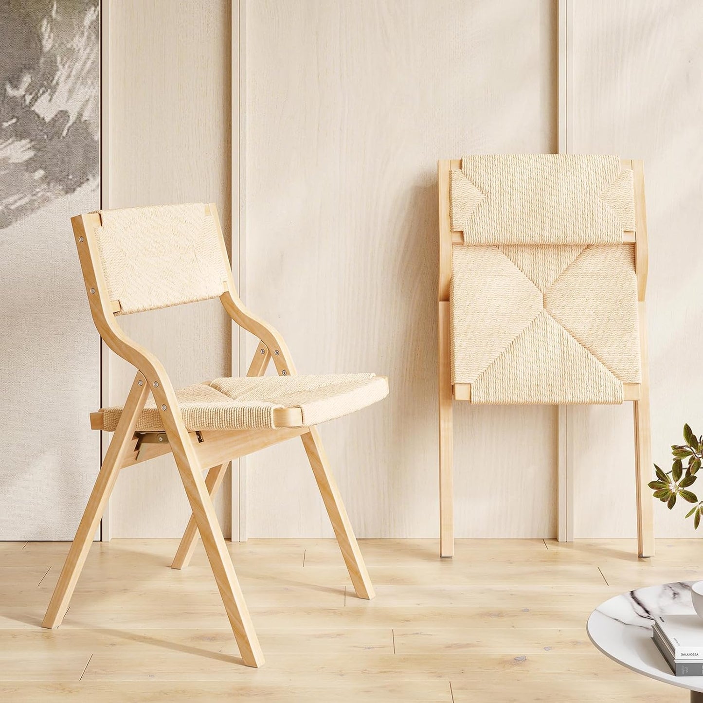 Farini Wood Folding Chairs, Foldable Chairs Wooden Indoor Stackable Dining Chairs for Kitchen & Dining Room Chair Woven Seat & Webbing Back, Dining Chair Set of 2, Woven Rope