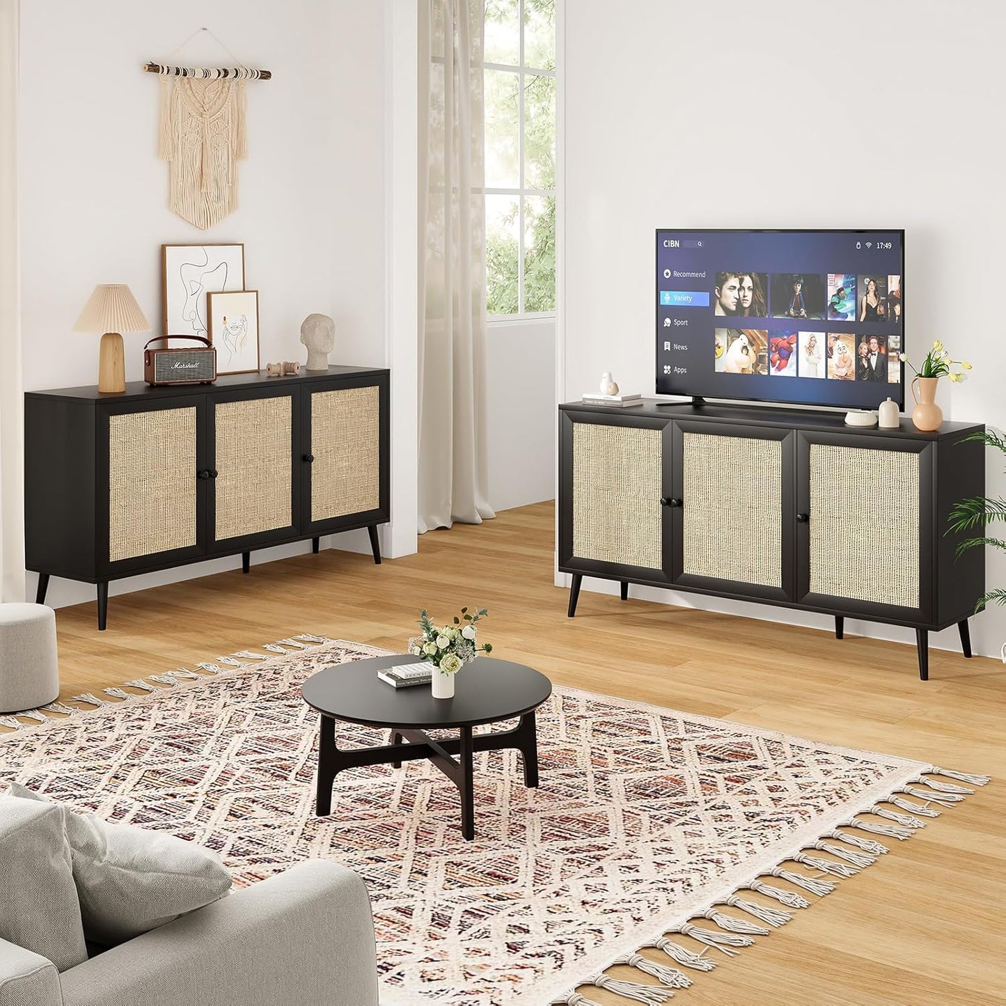 Farini Modern Sideboard Buffet, 3-Door Rattan Storage Cabinet for Kitchen, Living Room & Entryway