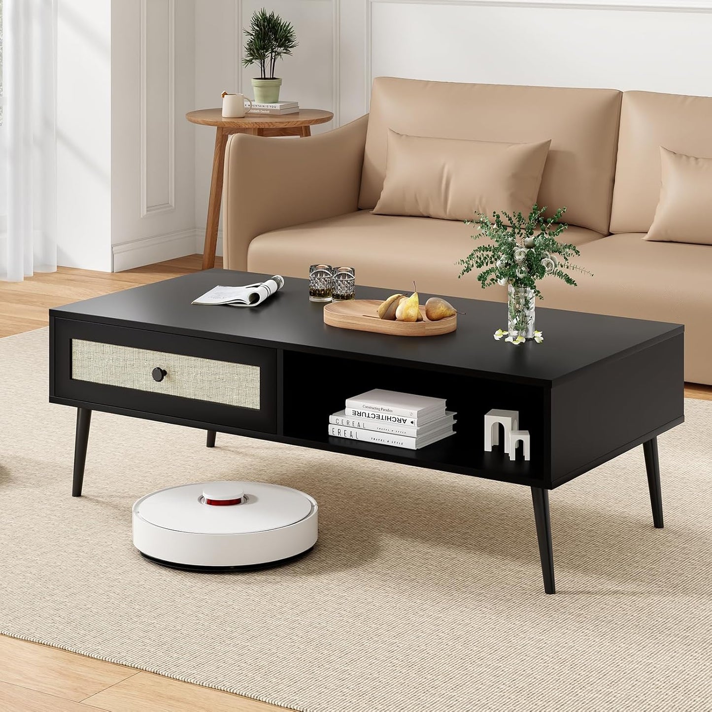 Farini 47" Modern Coffee Table, Rectangle Living Room Table with Drawer & Open Shelf for Living Room, Office