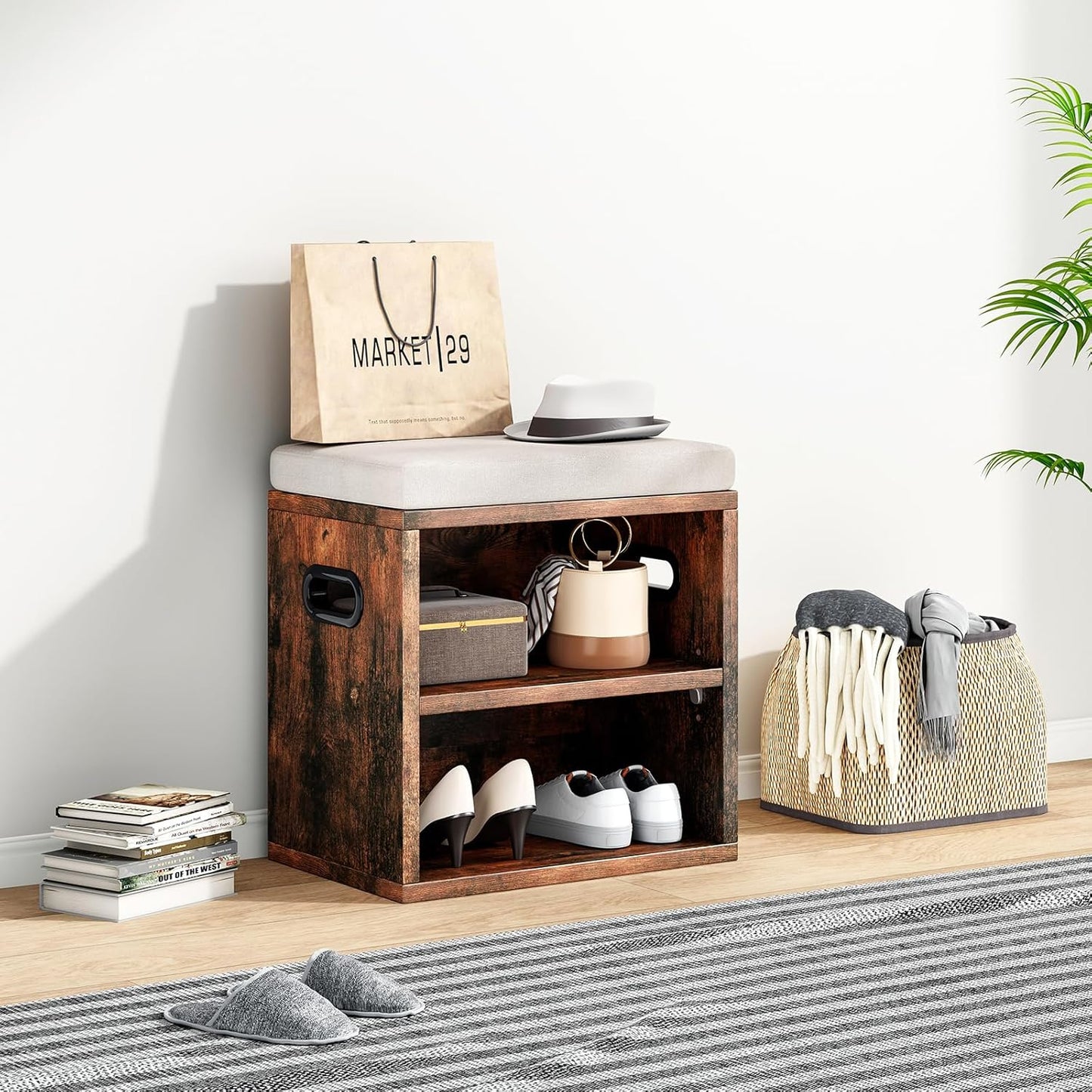 Farini Small Shoe Bench for Entryway With Cushion, Storage and Seating - White Rack With Bench Seat