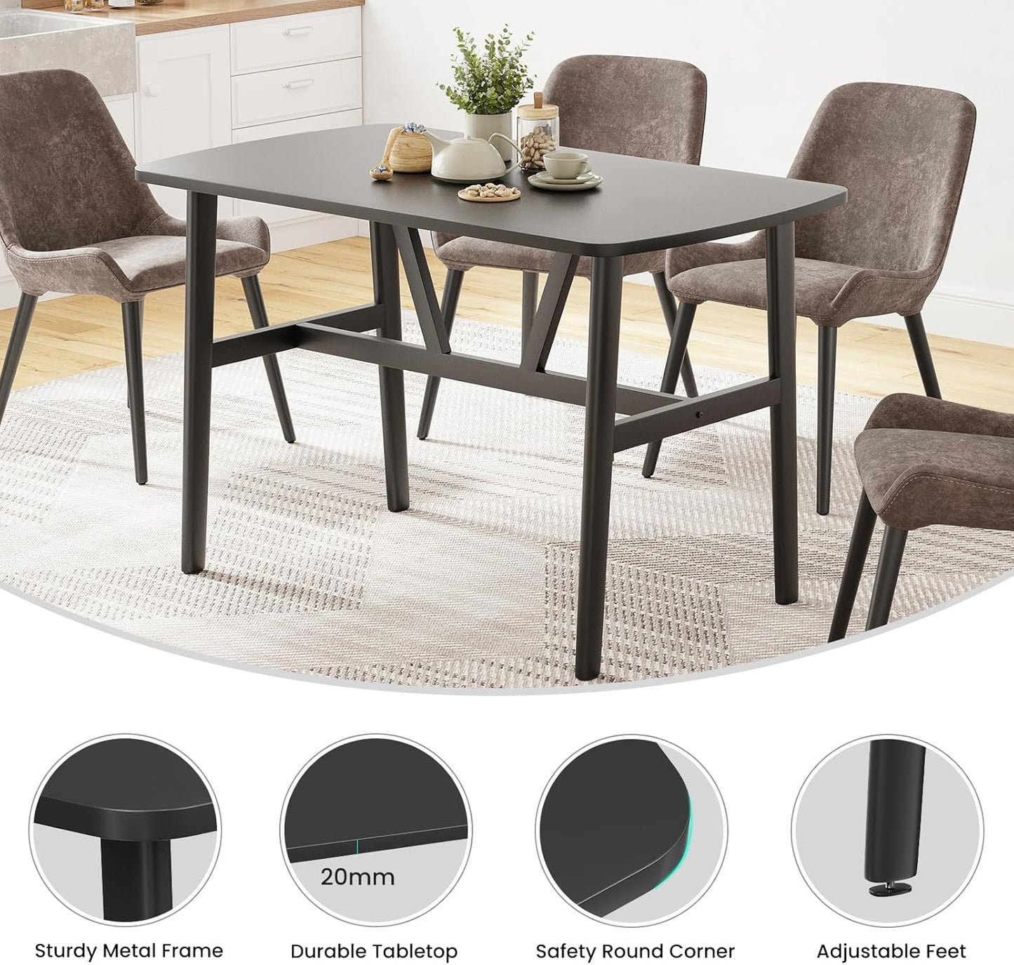 Farini 47" Dining Table for 4-6 Person, Rectangular Wood Kitchen Table, Modern Dinner Table with Sturdy Metal Frame for Dining Room, Kitchen, 47.2 inch