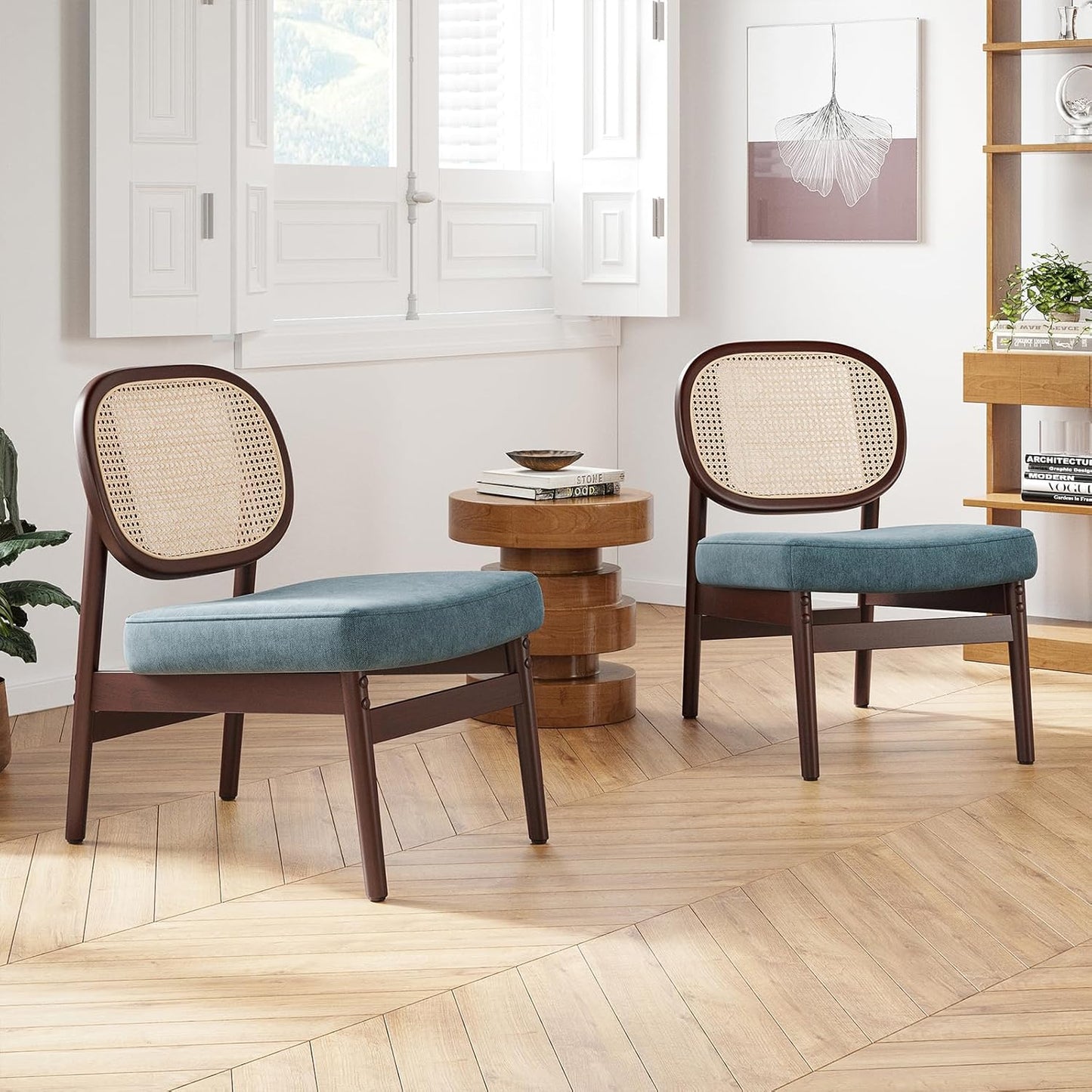 Farini Rattan Accent Chair, Upholstered Living Room Chair with Rattan Back & Wood Frame, Mid-Century Modern Reading Chair for Living Room, Bedroom