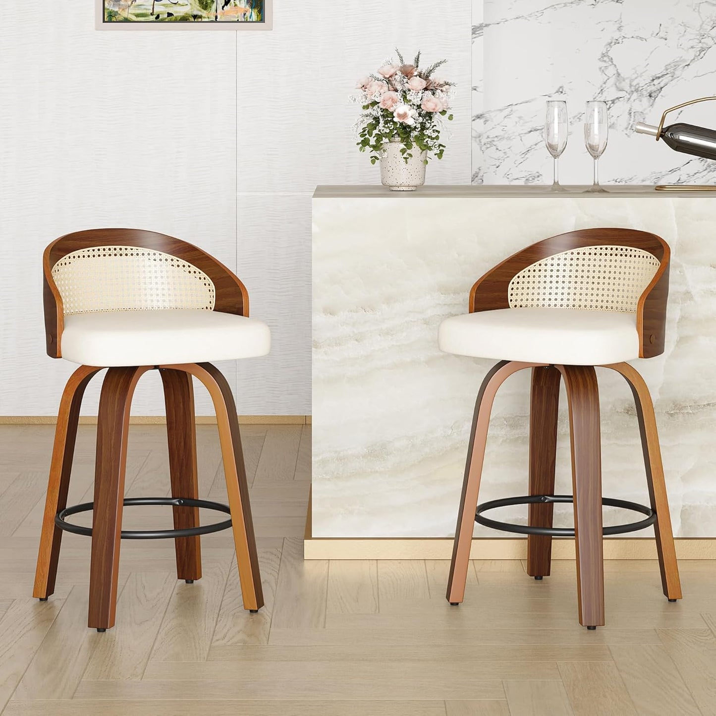 Farini Swivel Bar Stools Set of 2, Modern Wood Frame with Rattan Back, PU Leather Stool for Kitchen Counter, Mid Century Upholstered Barstools with Footrest,Industrial Counter Height Stools