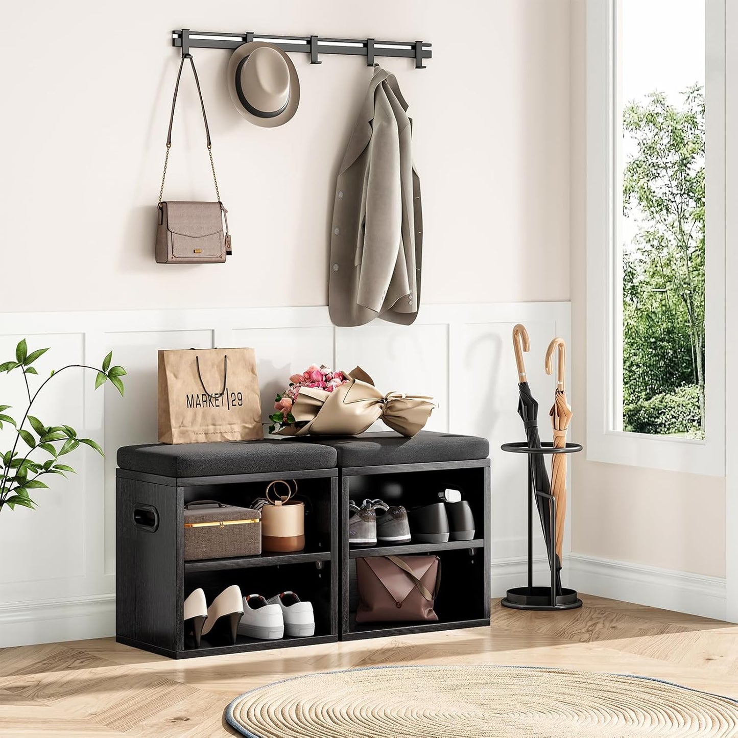 Farini Small Shoe Bench for Entryway With Cushion, Storage and Seating - White Rack With Bench Seat