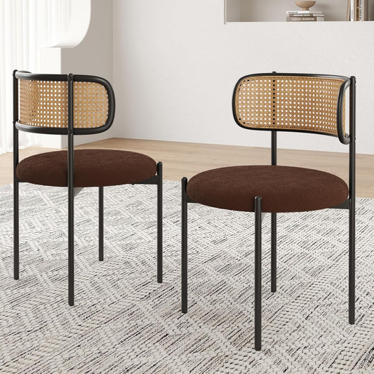 Farini Modern Upholstered Dining Chairs, Set of 2, Rattan Back Kitchen Chairs with Metal Legs, Coffee