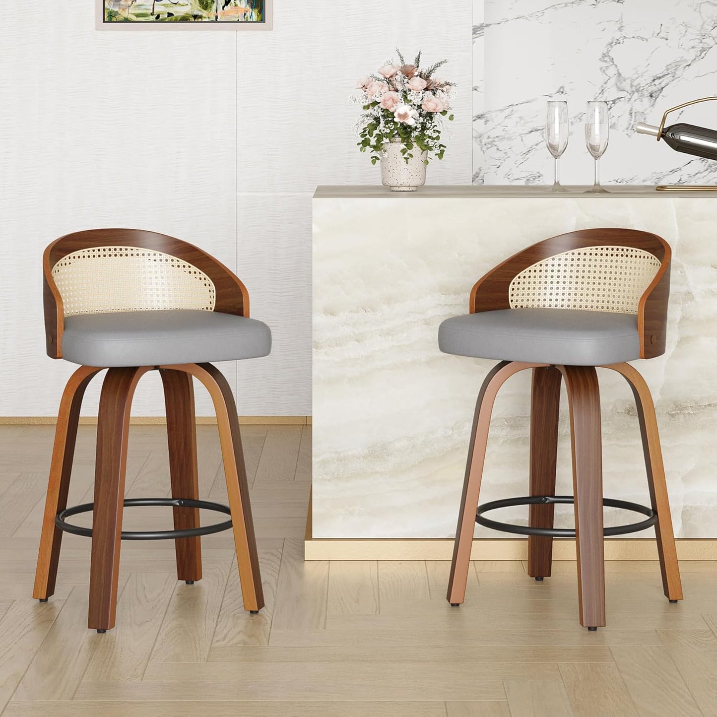 Farini Swivel Bar Stools Set of 2, Modern Wood Frame with Rattan Back, PU Leather Stool for Kitchen Counter, Mid Century Upholstered Barstools with Footrest,Industrial Counter Height Stools
