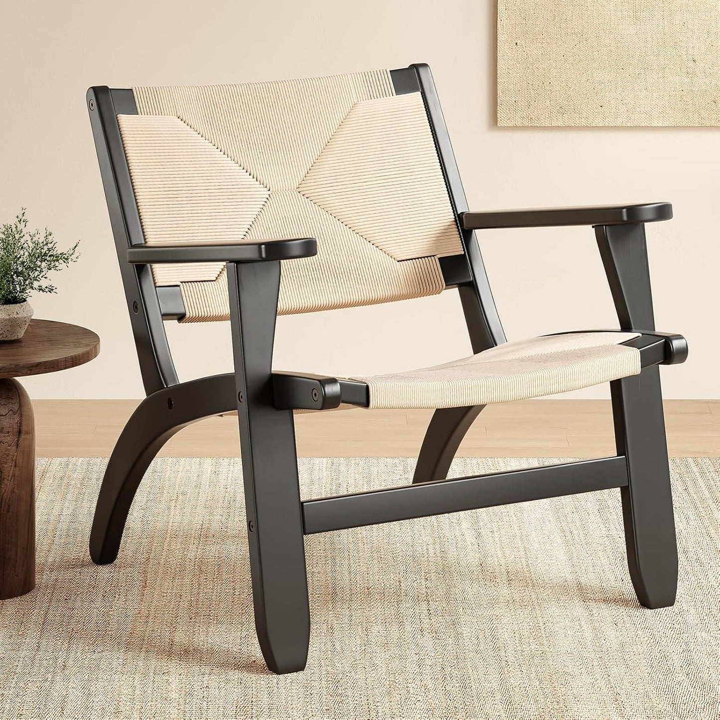 Farini Rubberwood Accent Chair for Living Room,Indoor Mid Century Woven Accent Chair with Arms,Bedroom Side Boho Chair with Kraft Paper Rope