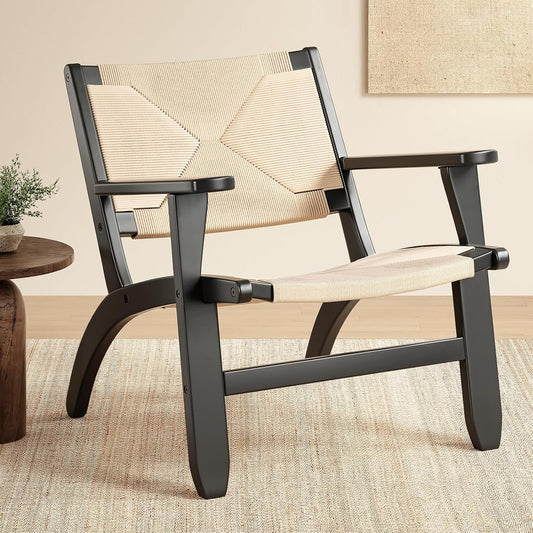 Farini Rubberwood Accent Chair for Living Room,Indoor Mid Century Woven Accent Chair with Arms,Bedroom Side Boho Chair with Kraft Paper Rope