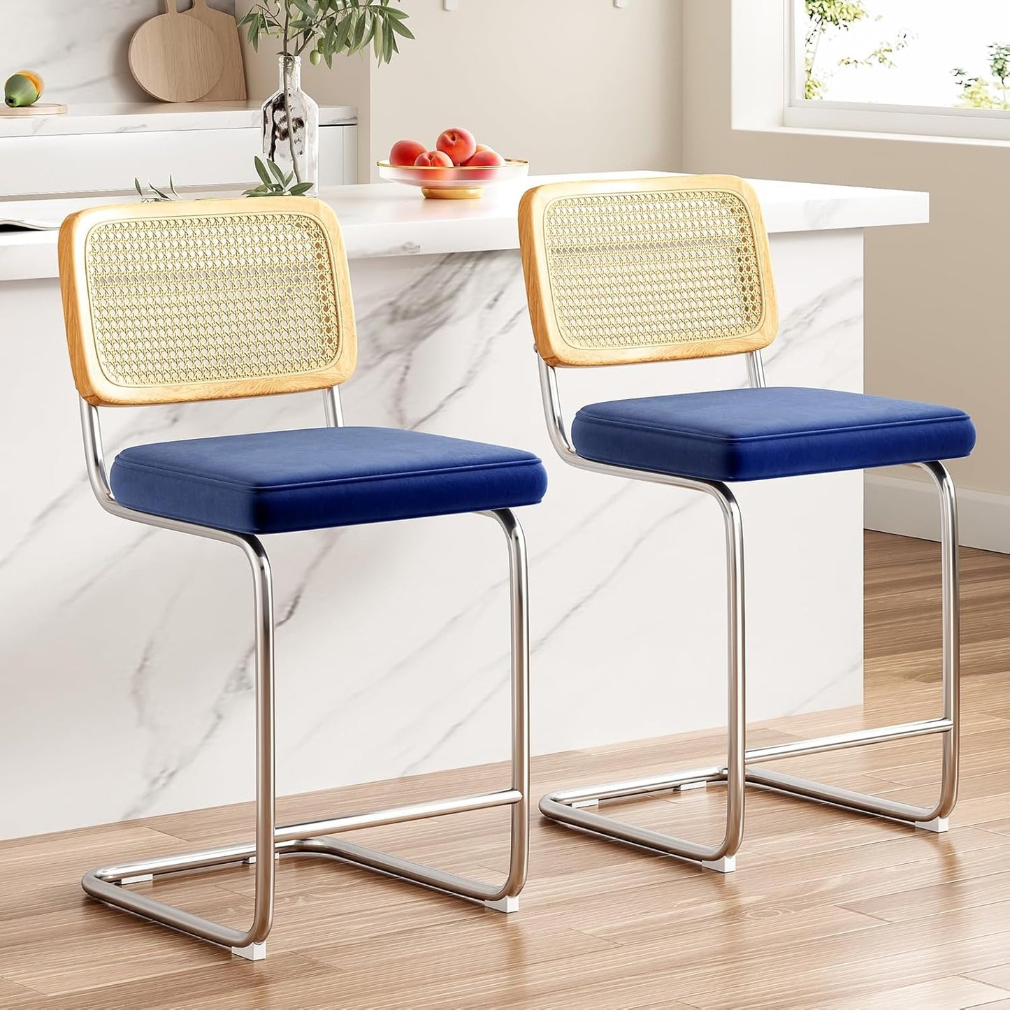 Farini Counter Height Bar Stools Set of 2, Upholstered Velvet Barstools with Rattan Back, 24 inch Stools Armless Bar Chairs for Kitchen Island