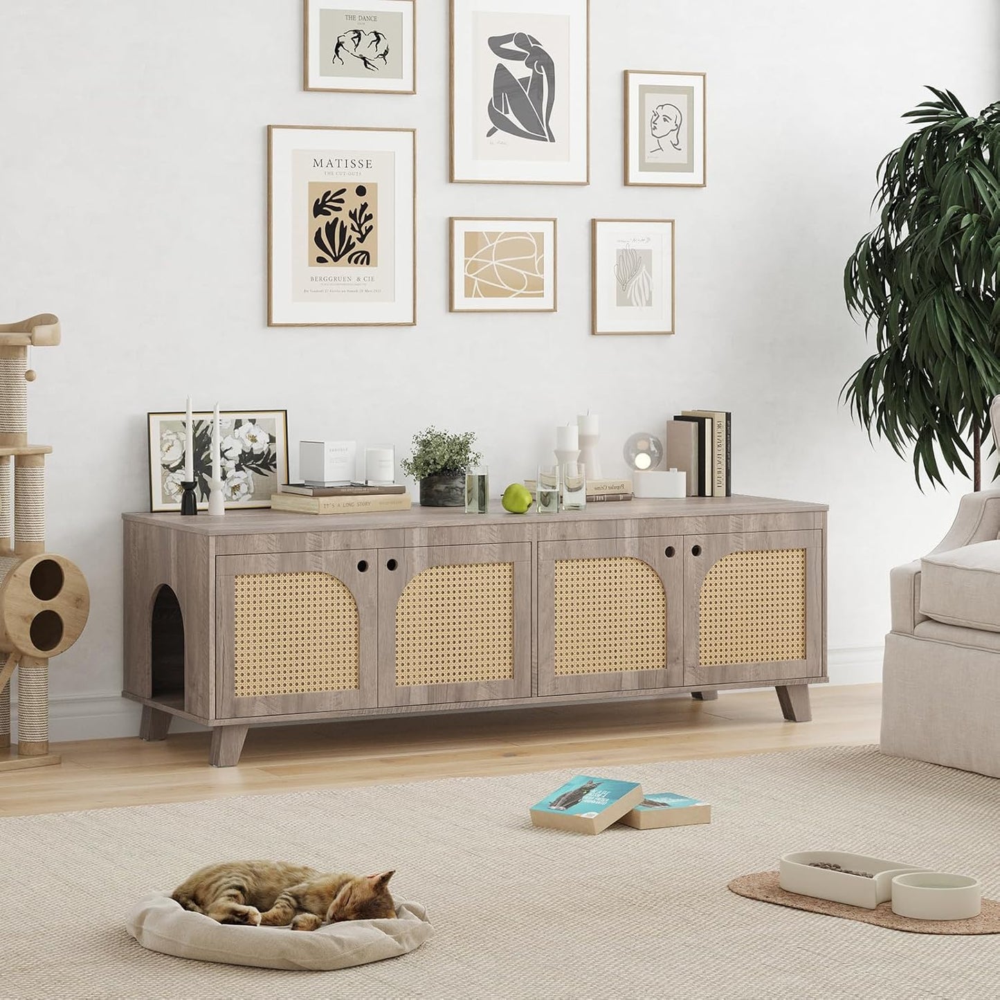 Farini Double Hidden Cat Litter Box Enclosure Furniture Cabinet with Rattan Decorated Doors for Two Cats，Two Entrances