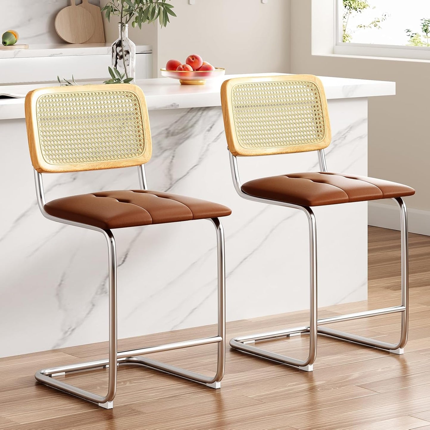 Farini Counter Height Bar Stools Set of 2, Upholstered PU Leather Barstools with Rattan Back, 24 inch Stools Armless Bar Chairs for Kitchen Island