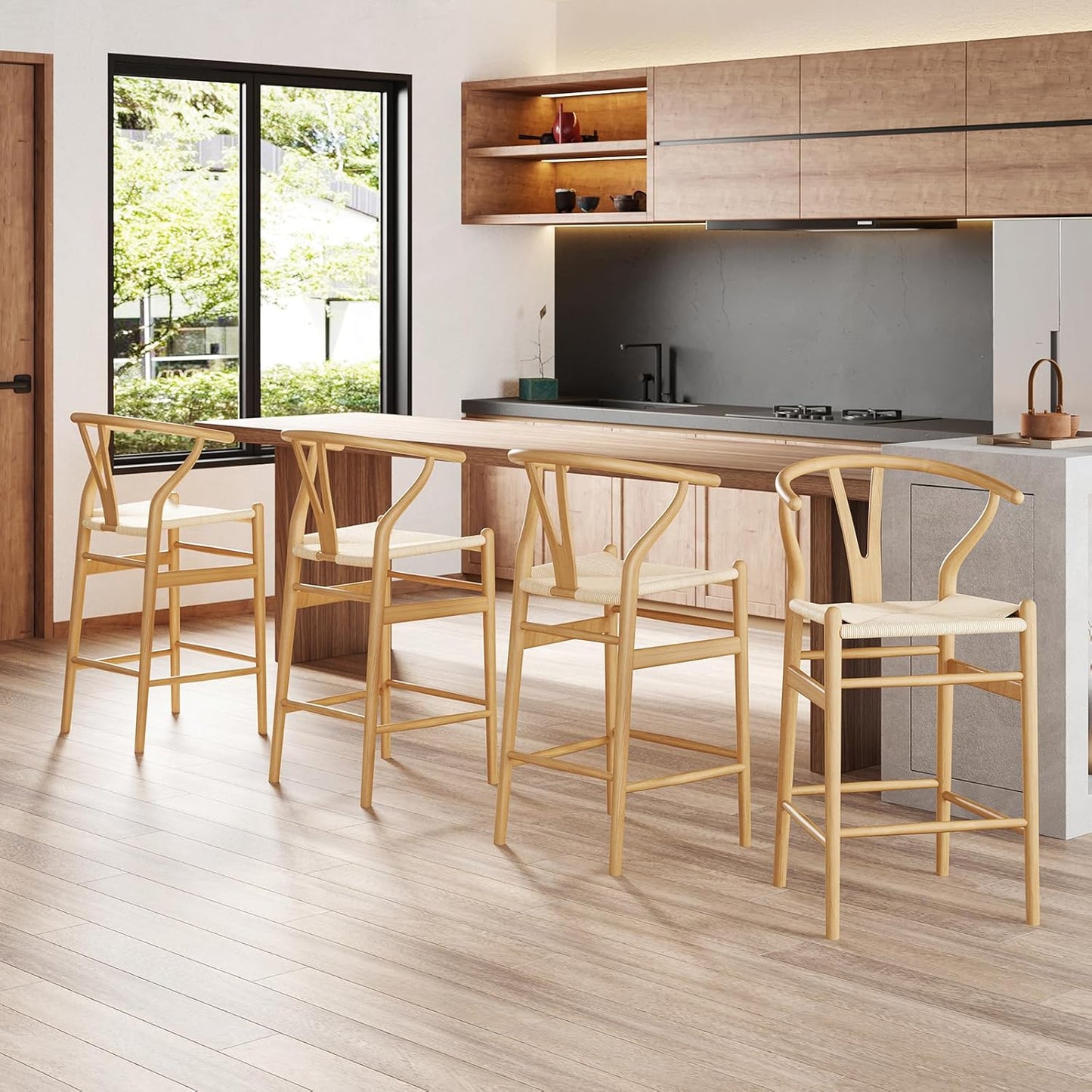 Farini Fully Assembled Wishbone Barstool Set of 2,Weave Counter Height Bar Stool for Kitchen Island,Nature