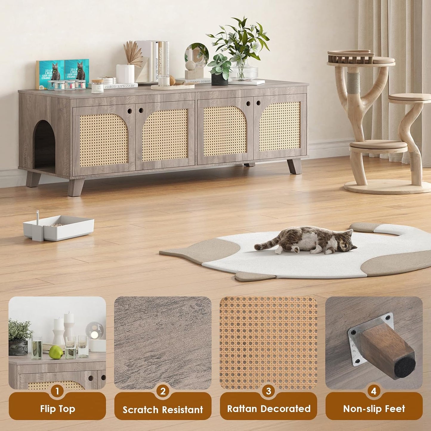 Farini Double Hidden Cat Litter Box Enclosure Furniture Cabinet with Rattan Decorated Doors for Two Cats，Two Entrances
